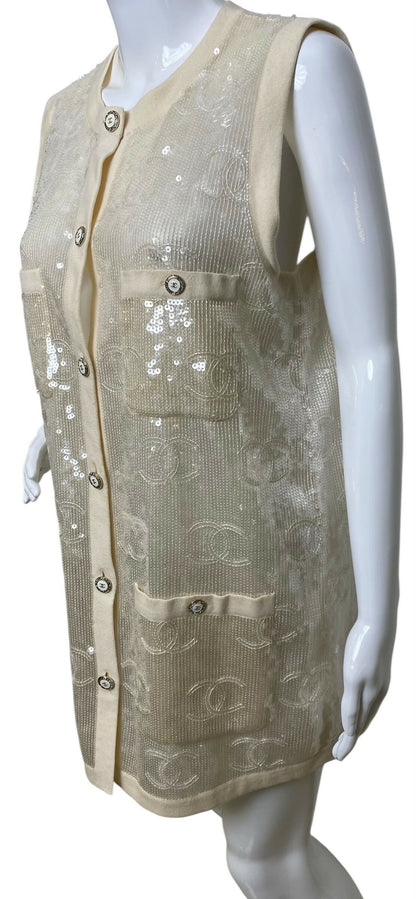 Rare Chanel 22S CC Sequin Cream Iridescent Vest Mini Dress Waistcoat Cardigan FR 40