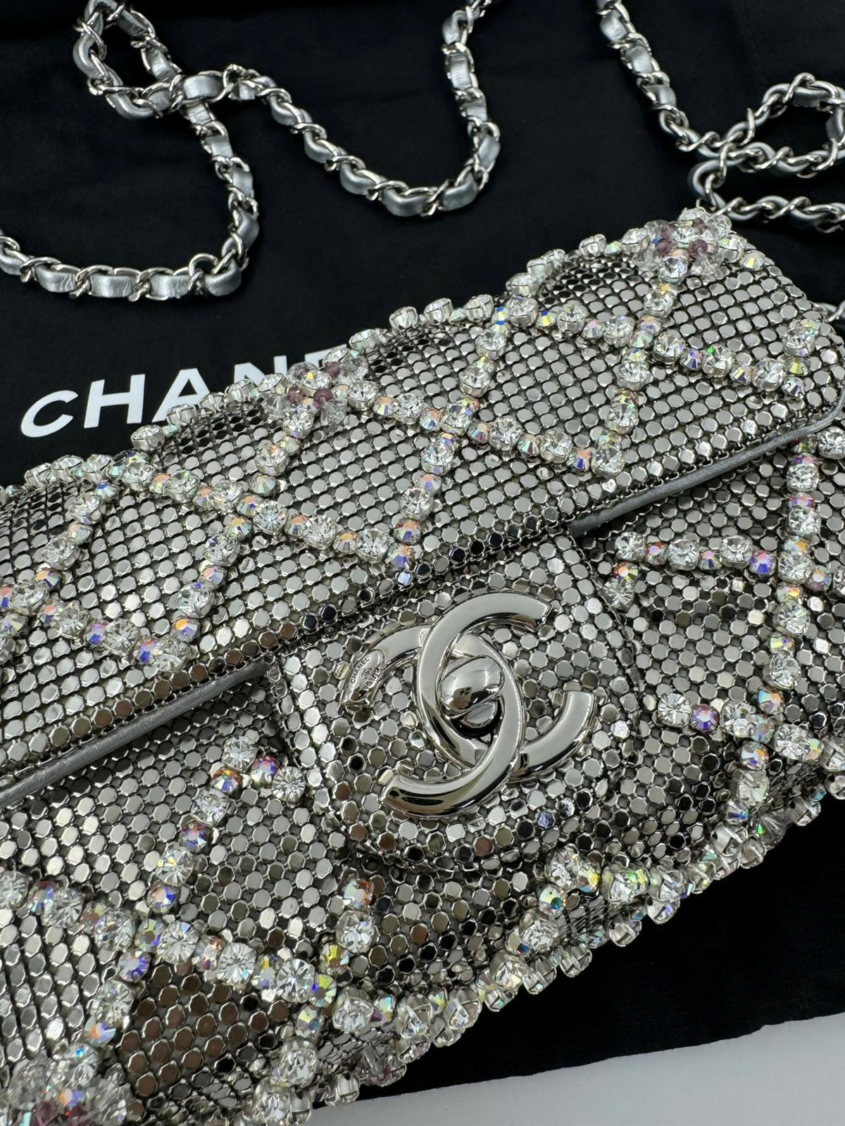 Chanel 2022 Rhinestone Strass & Metal Mini Flap Bag with Silver Tone Hardware