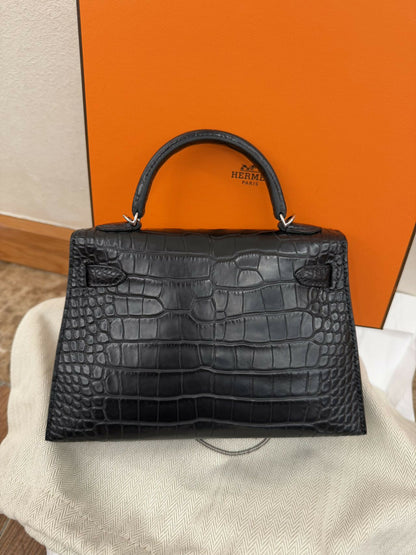 Hermès Mini Kelly II Noir & Nata Alligator Matte with Palladium Hardware