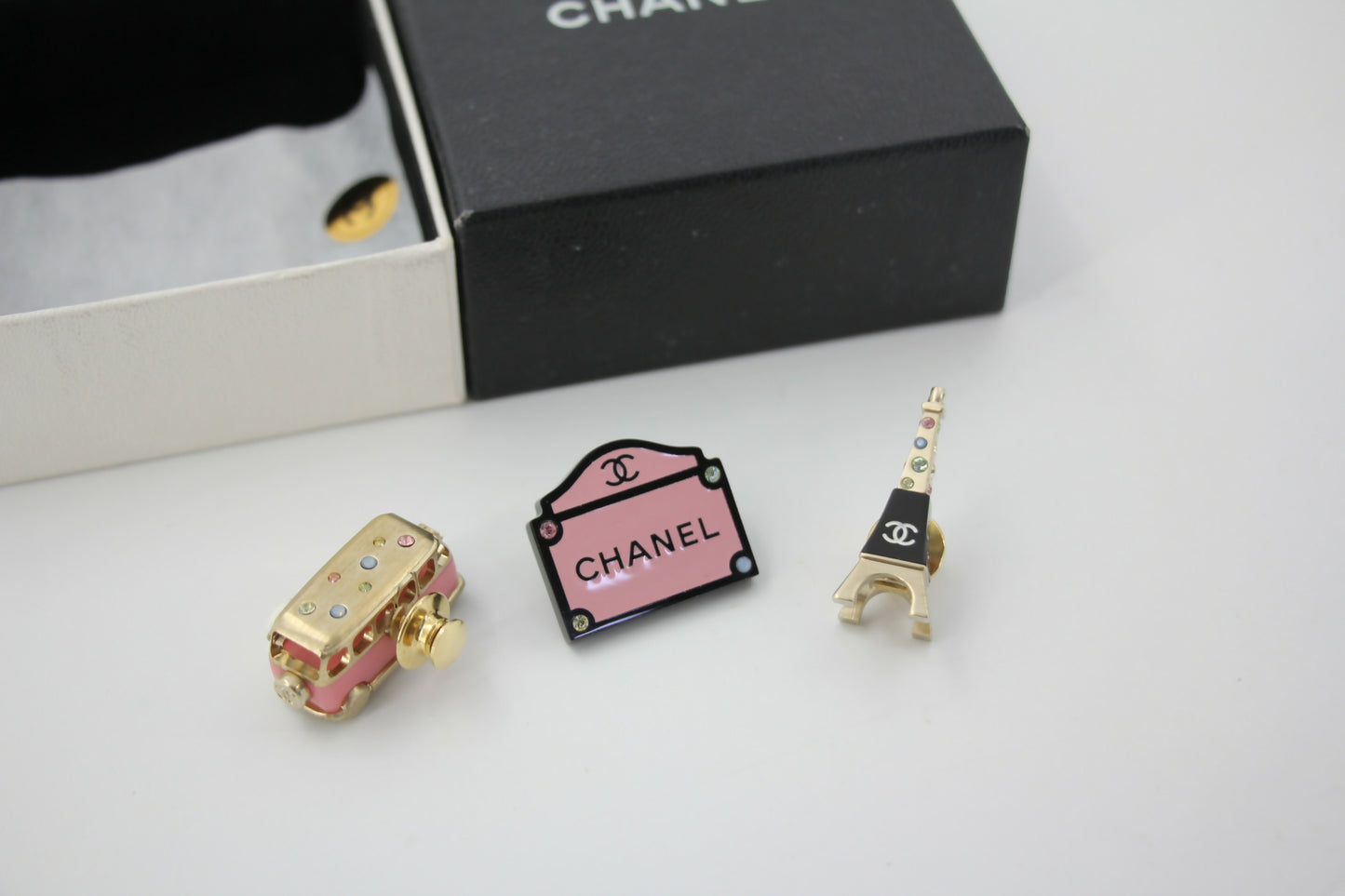 Chanel 06C Metal Pink Bus Eiffel Tower and Pink Bag Trio Brooch Set