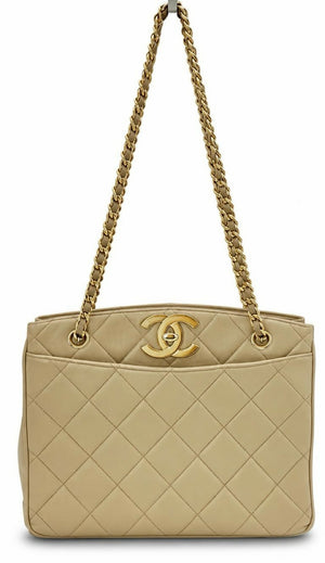 Chanel Vintage 24K CC Beige Lambskin Classic Timeless Tote Bag