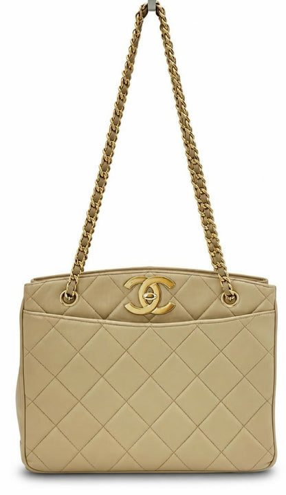 Chanel Vintage 24K CC Beige Lambskin Classic Timeless Tote Bag