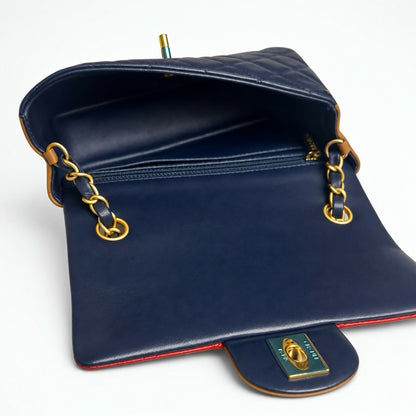 Rare Chanel 13A Edinburgh Tricolor Navy Red Caramel Quilted Lambskin Mini Classic Flap Bag GHW