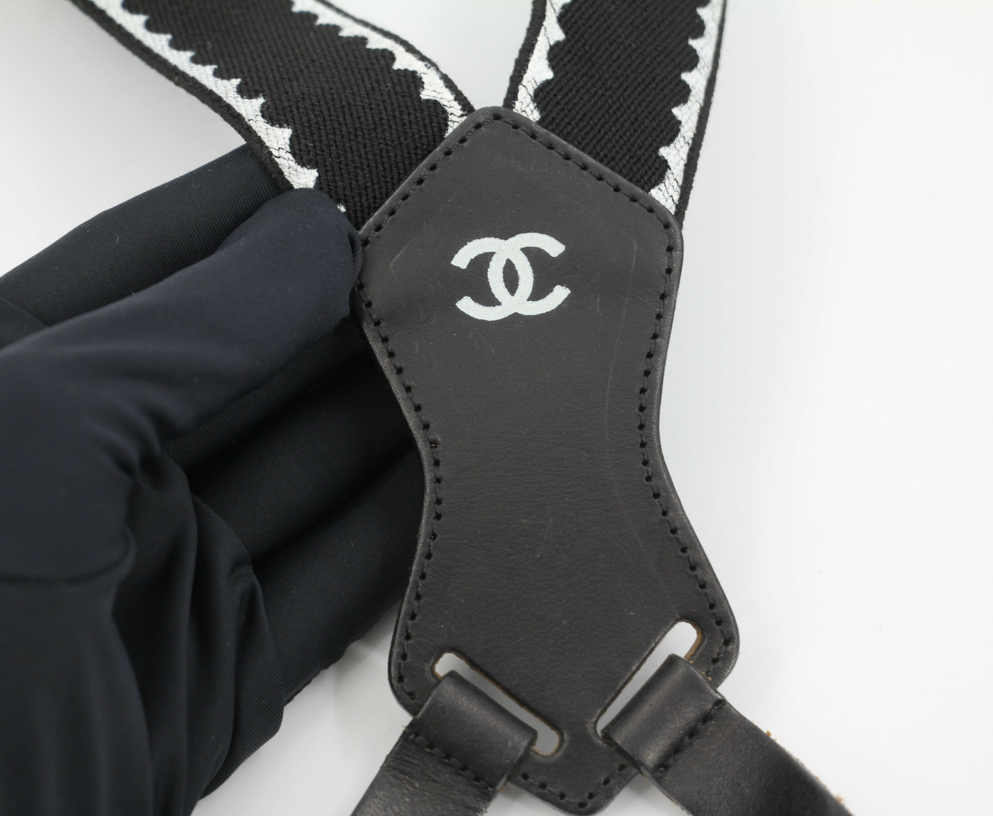 Chanel Vintage 94P Leather & Canvas Coco Mark Suspenders in Black with Gold Hardware