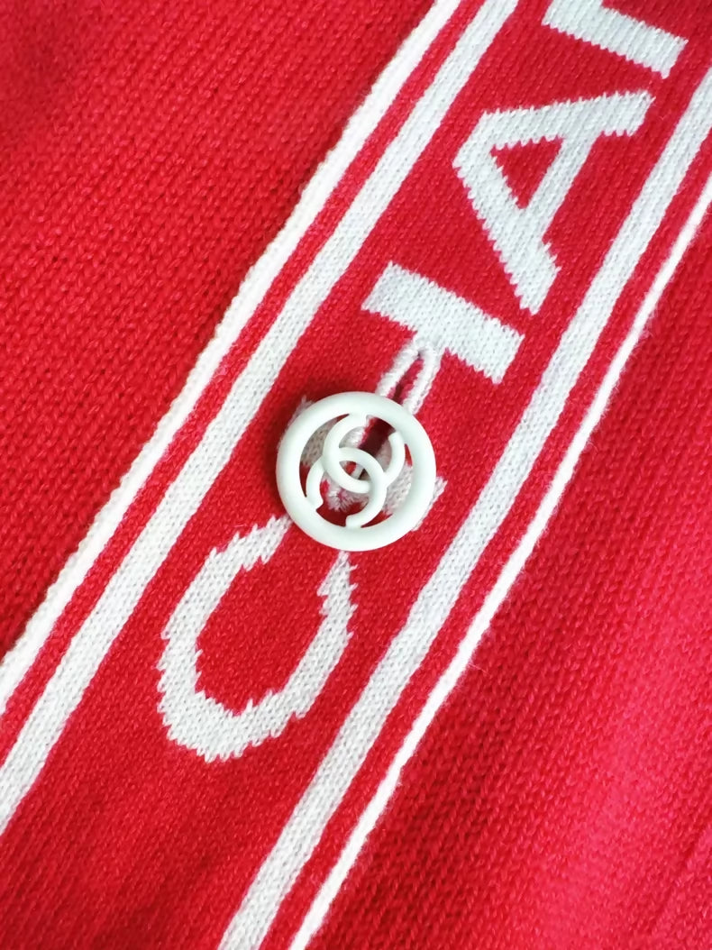 Chanel 20C Red Logo Long Knit Cardigan