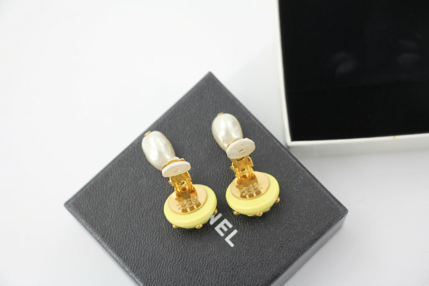 Chanel 96C Resin Dot Yellow Bean Imitation Pearl Dangle Clip-on Earrings