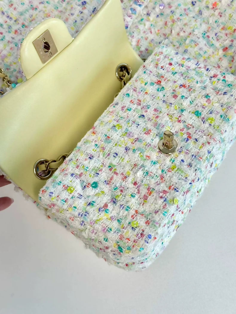 Chanel 23S white/Multicolor Sequin tweed CF Mini Shoulder Bag