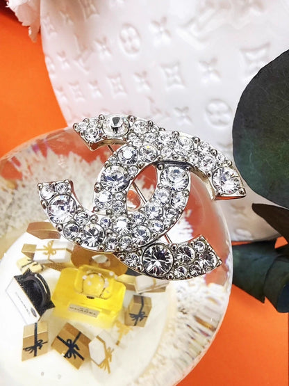 Chanel 12W double C full diamond silver logo brooch