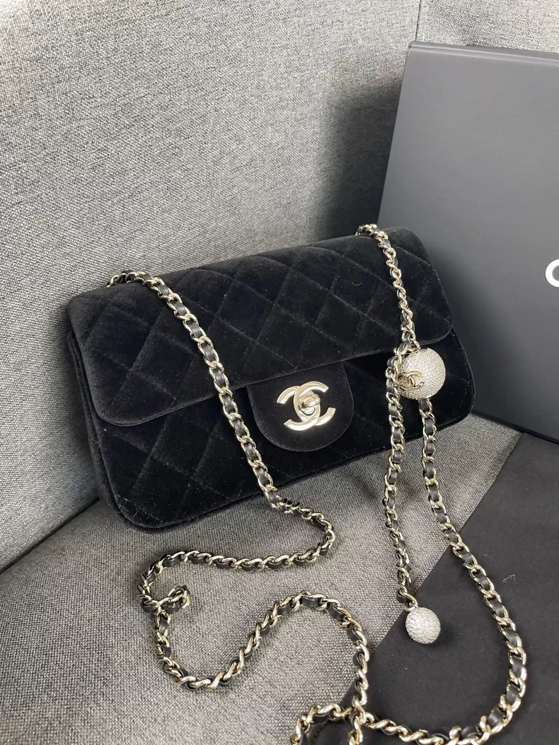 Chanel 25A Black Velvet Rhinestone Ball CF Chain Bag