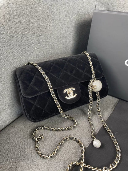 Chanel 25A Black Velvet Rhinestone Ball CF Chain Bag