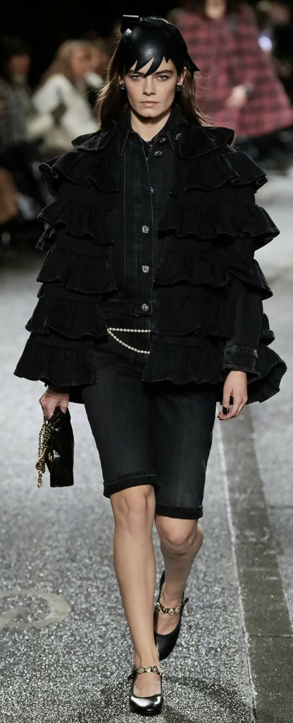 Chanel 24A Paris Manchester Black Denim Coat Jacket Cape FR 36