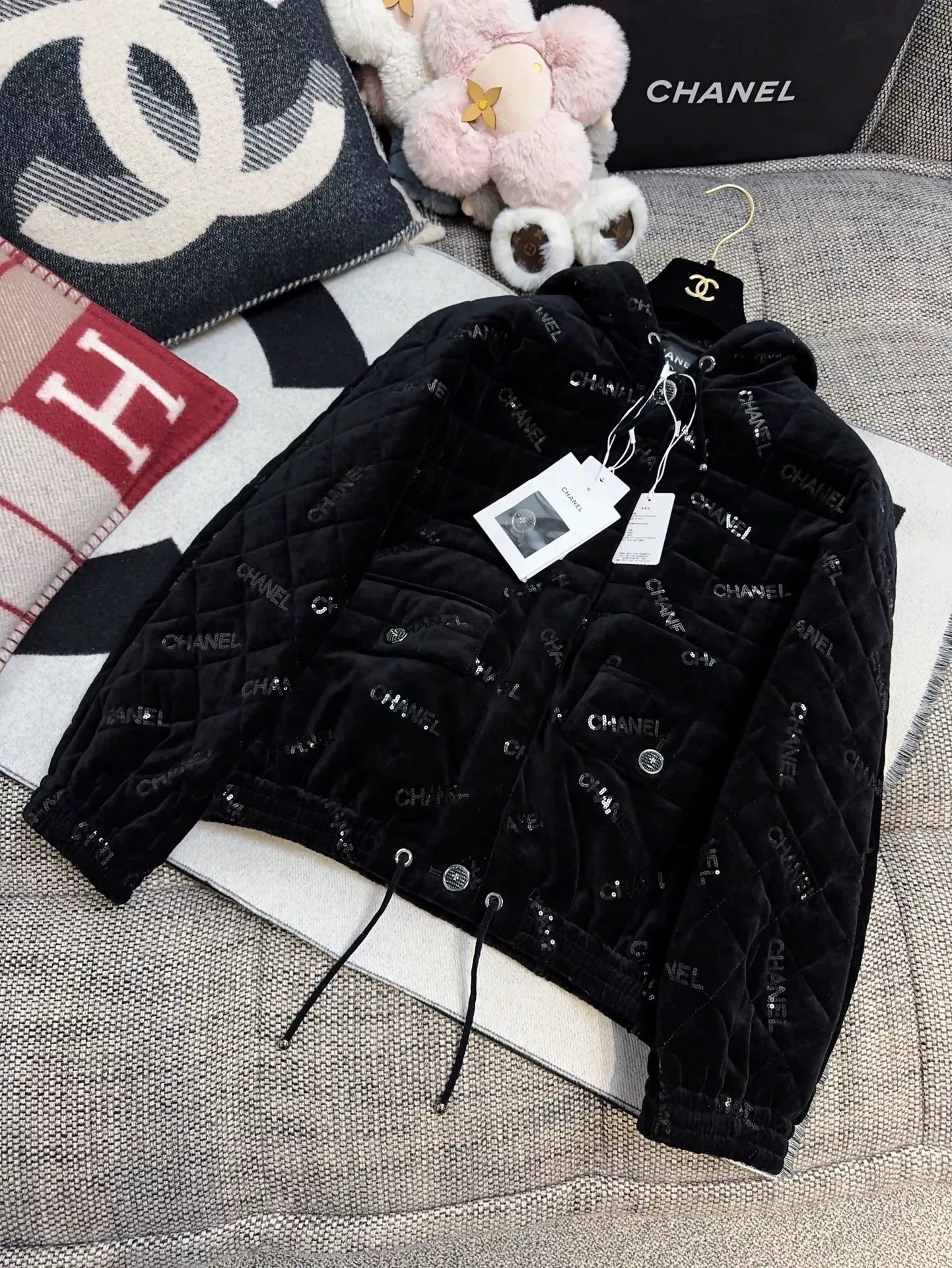 Chanel 22B black velvet sequined logo embroidered jacket