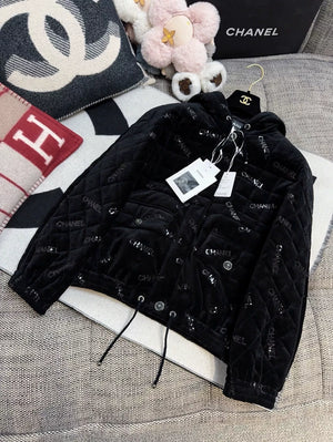 Chanel 22B black velvet sequined logo embroidered jacket