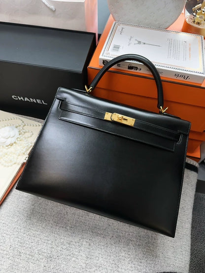 Hermes Kelly32 noir box leather gold hardware