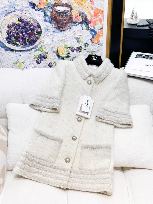 Chanel 18A ecru wool beaded sequined dress/jacket