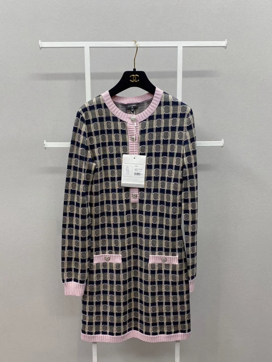 Chanel 21B dress in black and pink checkered knit with rhinestones