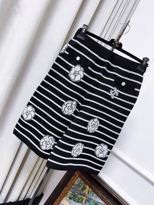 Chanel 23k black and white striped camellia double C logo knit shorts