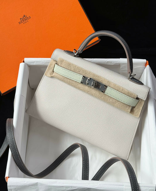 Hermès Mini Kelly 20 Tricolor Craie/Nata, Vert Bubble & Graphite Epsom with Palladium Hardware