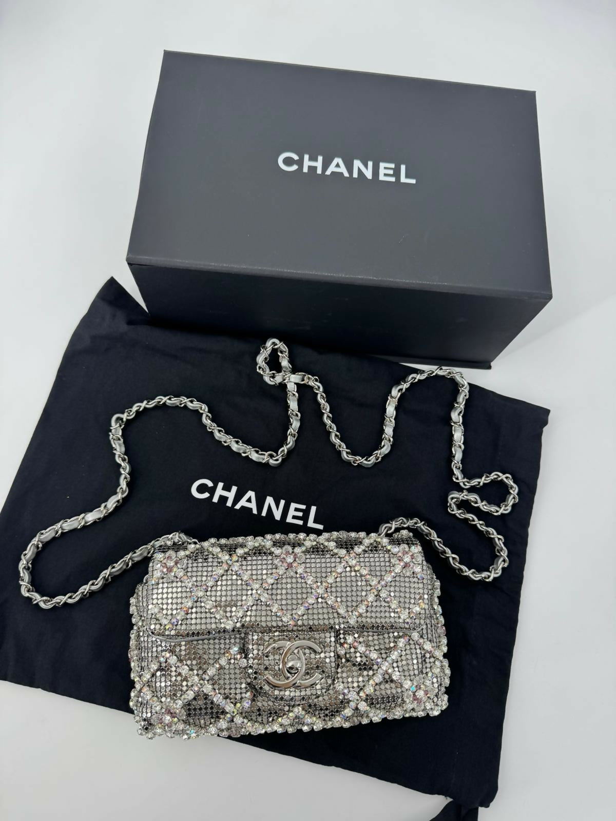 Chanel 2022 Rhinestone Strass & Metal Mini Flap Bag with Silver Tone Hardware