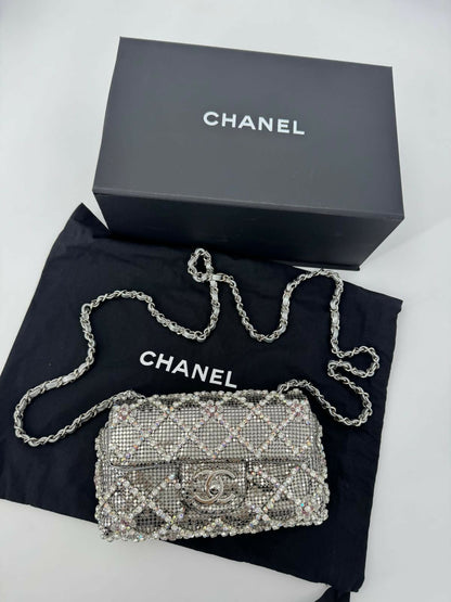 Chanel 2022 Rhinestone Strass & Metal Mini Flap Bag with Silver Tone Hardware