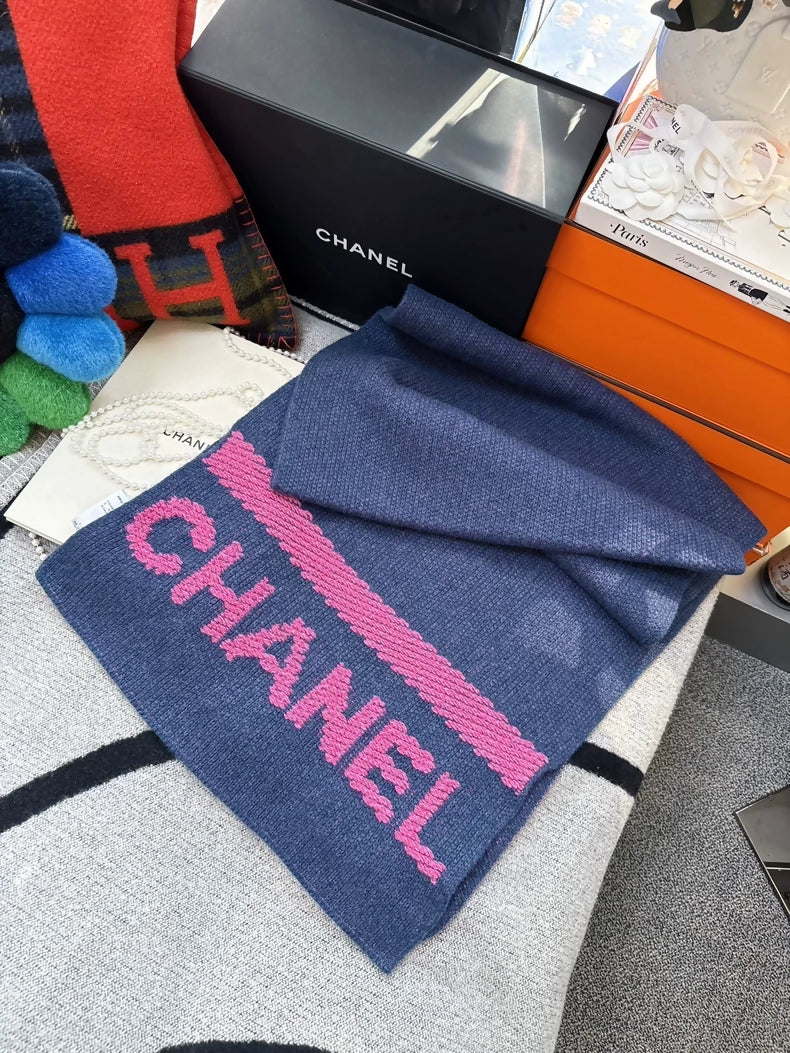 Chanel 22 pink cashmere scarf with Chanel logo and denim blue
