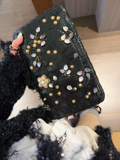 Rare Chanel 22 Dark Green Handmade 3D Beaded Flowers medium flap bag