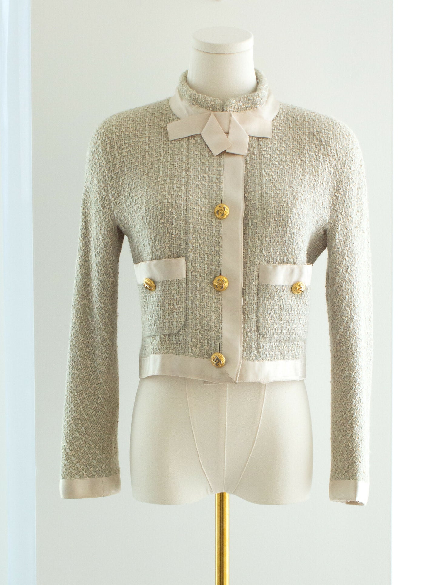 chanel vintage ss 1990 seafoam green satin bow tweed cropped jacket