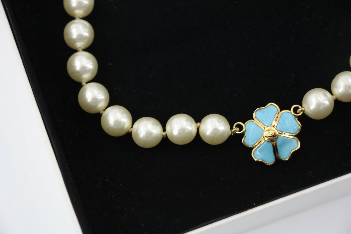 Chanel 97P Blue Gripoix Camellias Pearls Necklace