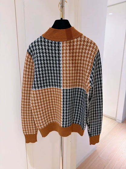 Hermes houndstooth color-blocked turtleneck cashmere sweater