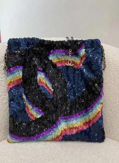 Chanel 21k sequined rainbow tote bag
