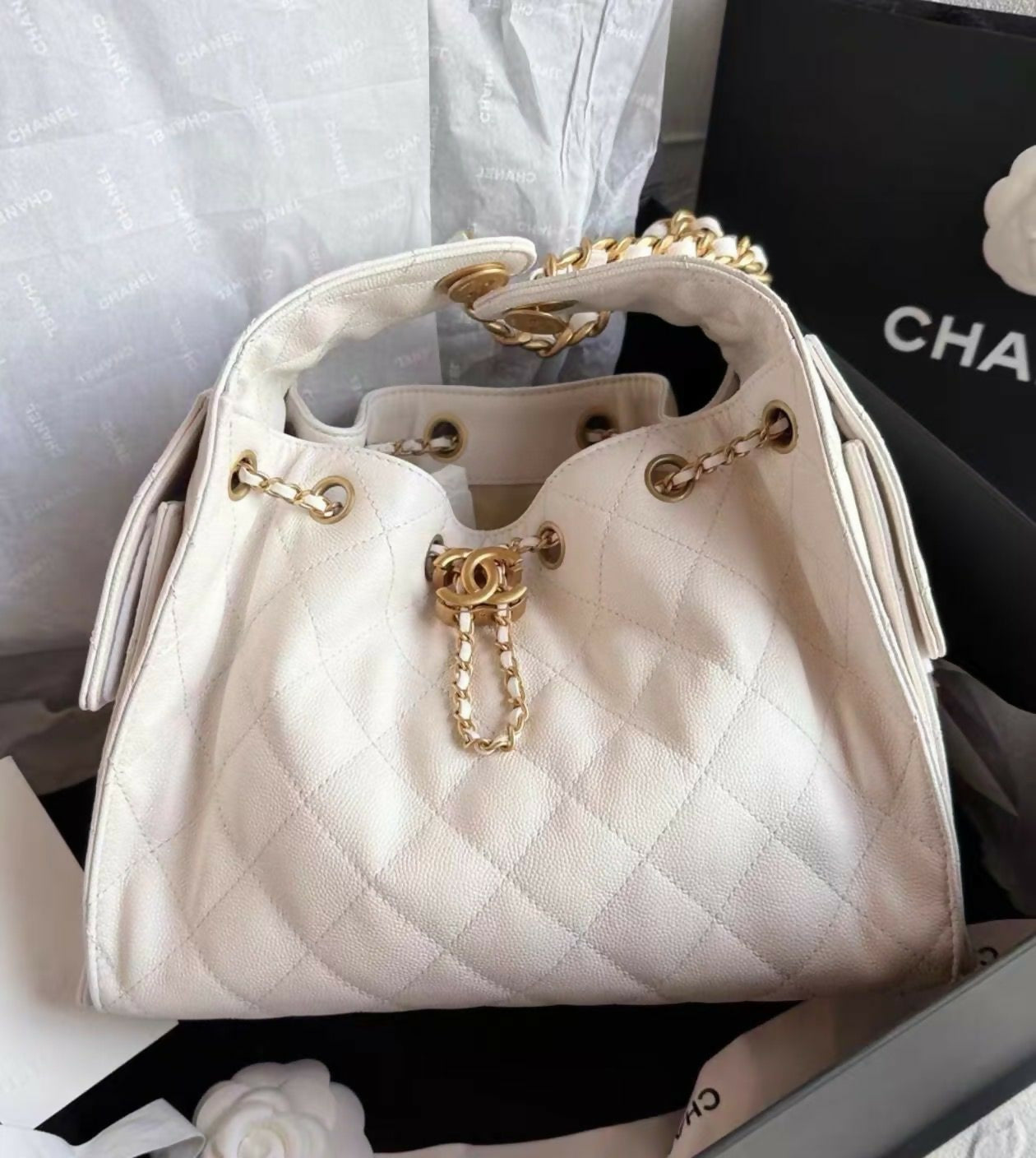 Chanel 2025 Grained Calfskin & Gold-Tone White Small Handbag