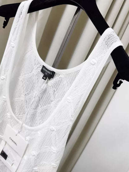 Chanel 24S white lace quilted black belted knit dress