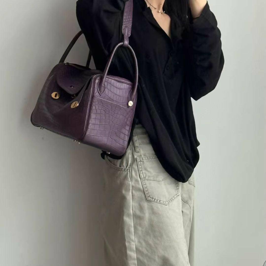 Hermès Lindy 30 Purple Matte Crocodile with Gold Hardware