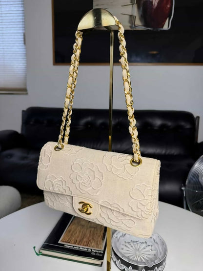 Chanel 1997 Ivory Canvas Camellia Classic Flap Bag