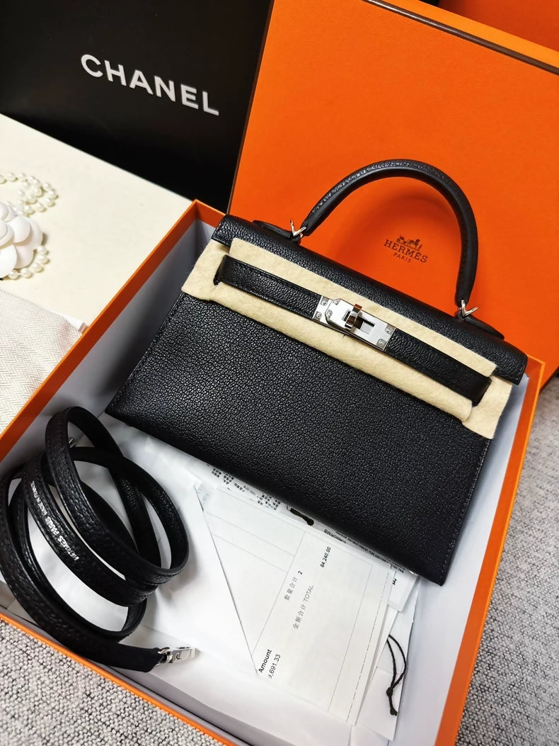 Hermes Mini Kelly 20 black chevre leather palladium hardwrae