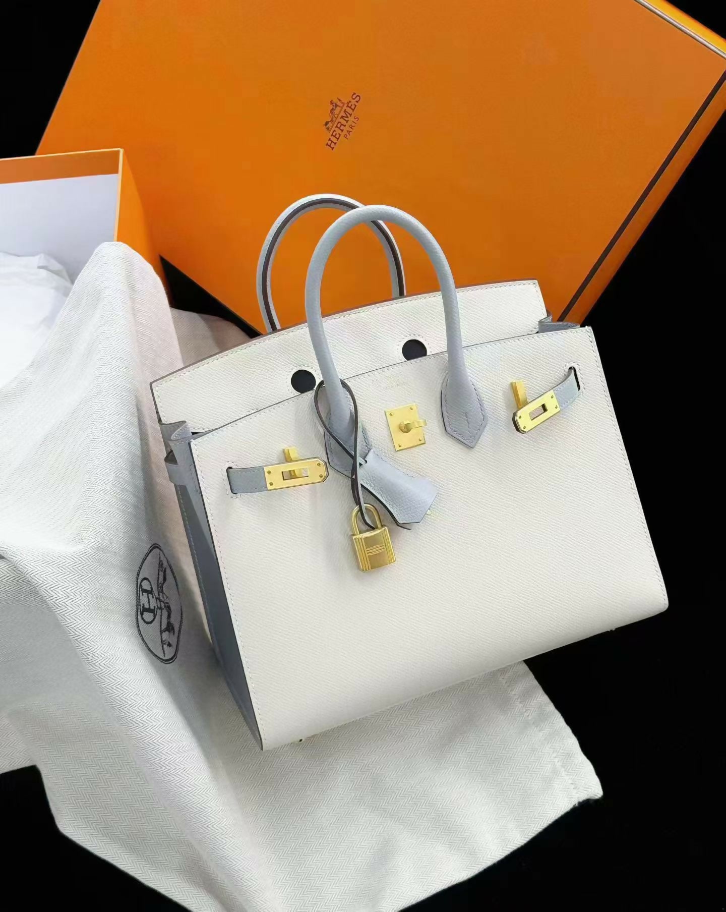 Hermès Birkin 25 Bleu Brume / Craque (Craie) Epsom Leather with Brushed Gold Hardware
