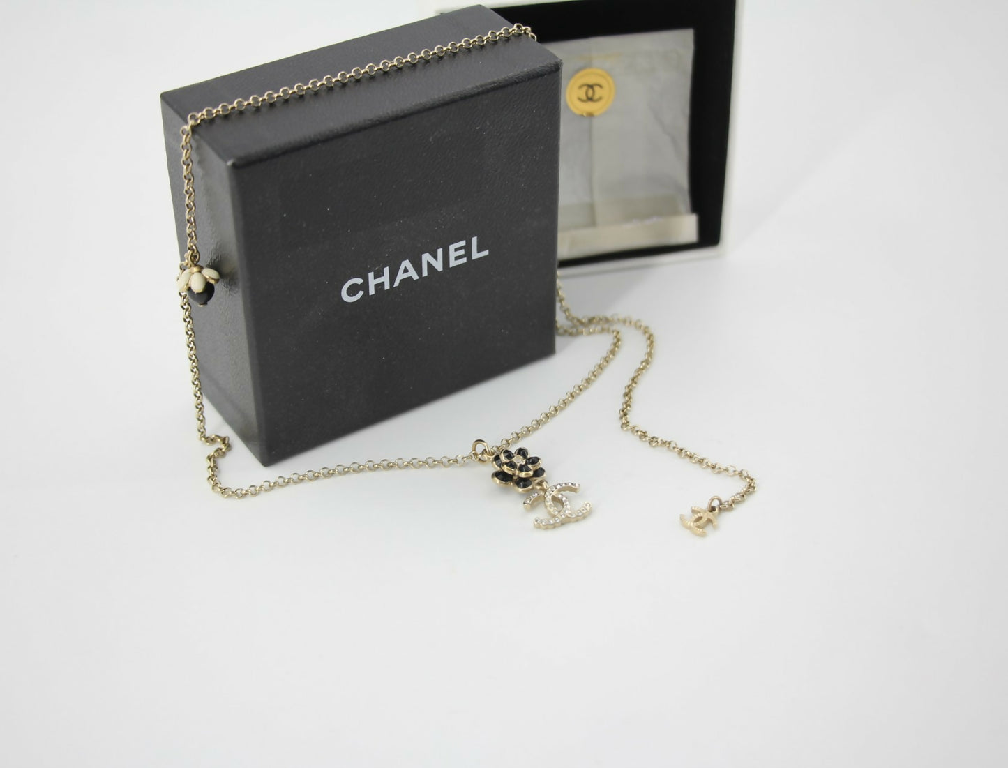 Chanel A21C Rhinestone Black Pendant Camellia Light Gold Necklace