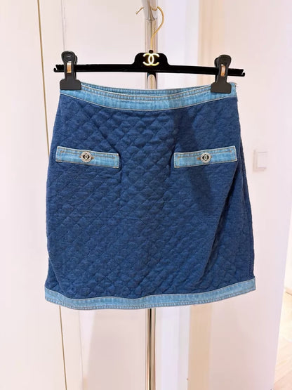 Chanel 20P Rhinestone-Buttoned Diamond Quilted Denim Skirt