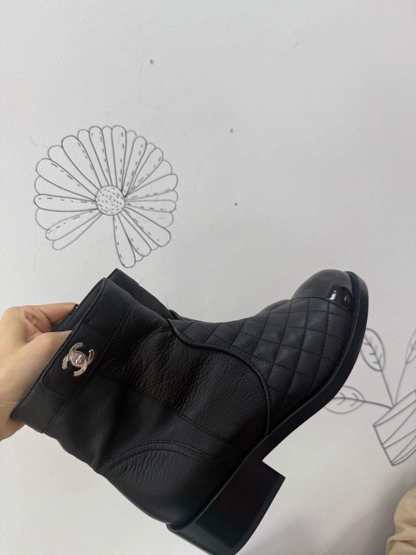 Chanel black diamond pattern classic ankle boots