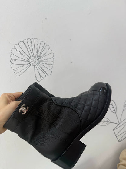 Chanel black diamond pattern classic ankle boots