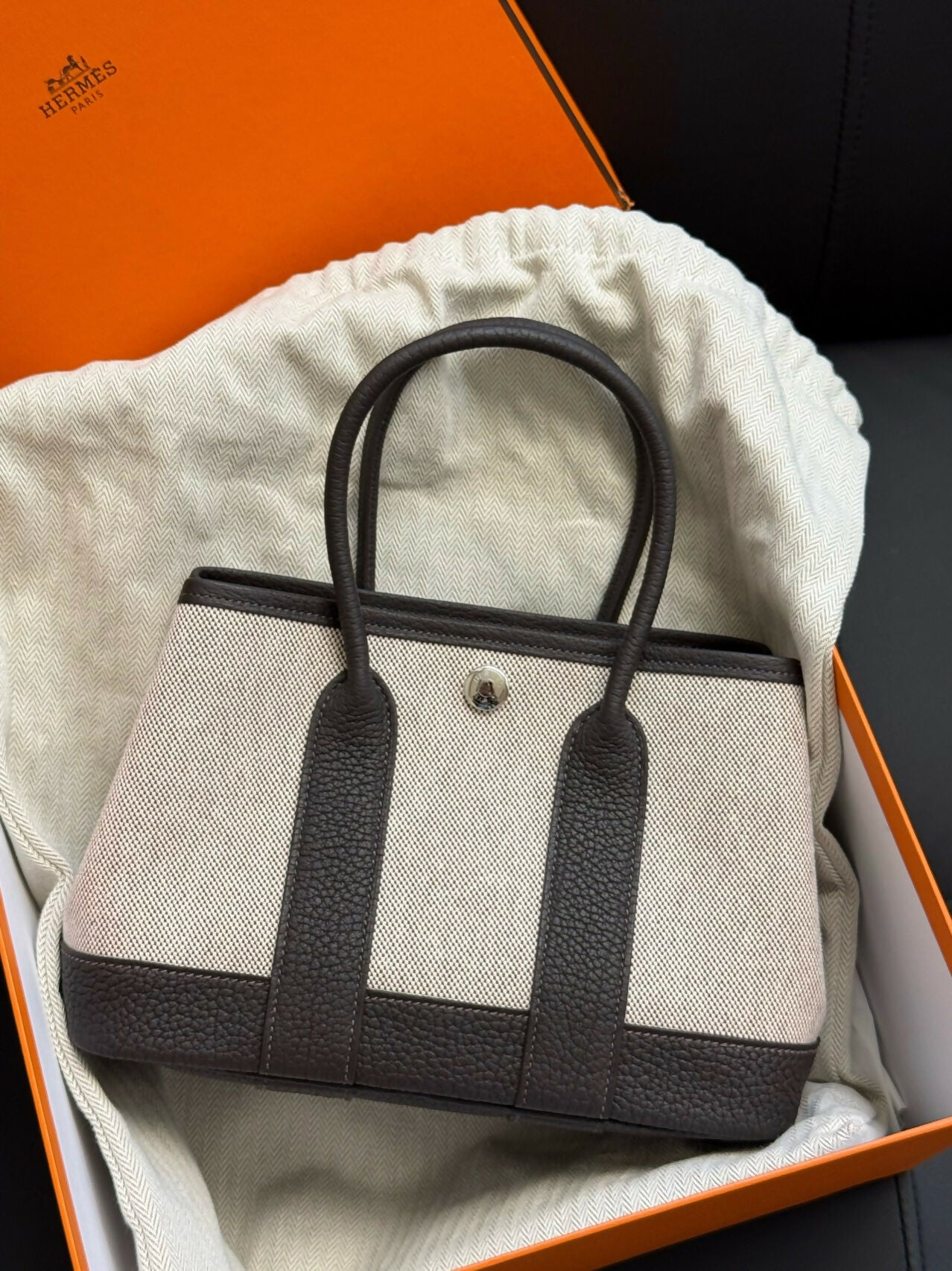 Hermès Mini Garden Party Rouge H Negonda Leather & Canvas with Palladium Hardware