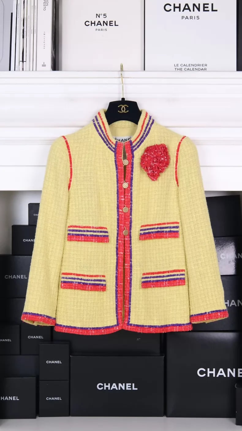Chanel 2006 red yellow tweed jacket with Camellia Brooch