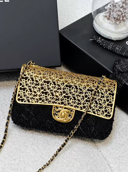 Chanel 22K black and gold metallic tweed CF chain evening bag