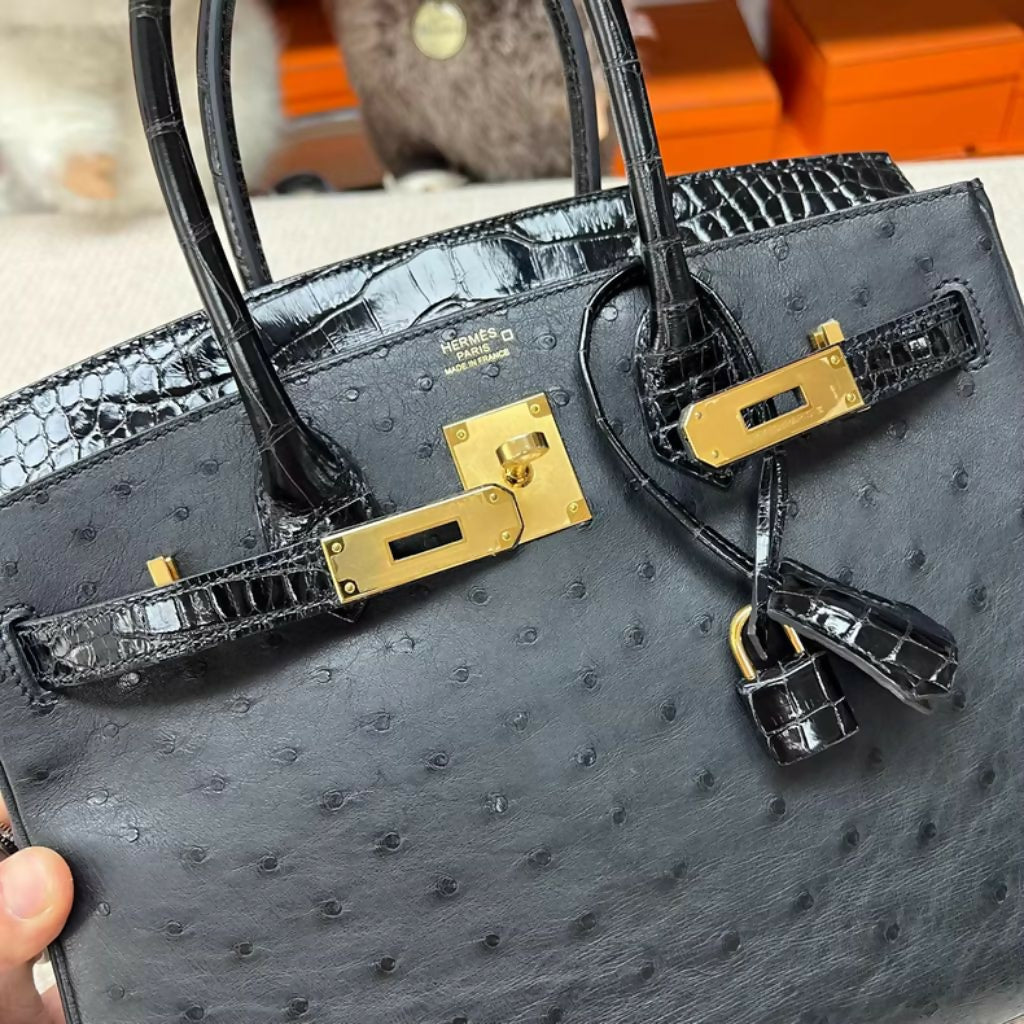 Hermès Birkin 30 – Black & Gold Ostrich and Shiny Crocodile (3)