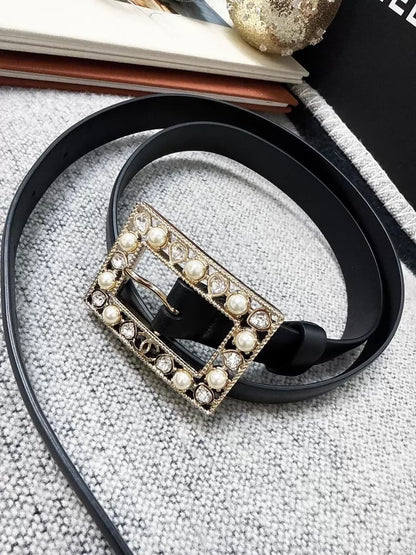 Chanel 22B pearl and rhinestone square leather belt,