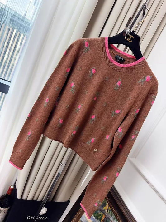 Chanel 22k Caramel Brown Floral Knit Sweater