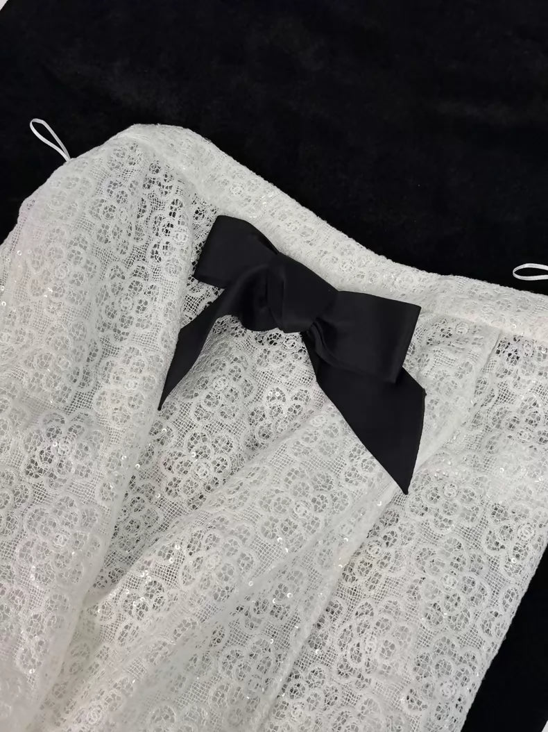 Chanel 24S White Sequined lace Camellia Bow Skirt