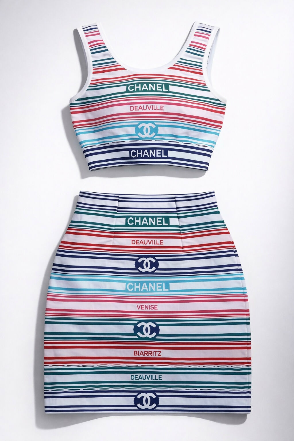 Chanel 19P Sand by the Sea Multicolor Stripe Crop Top Skirt Set FR 36