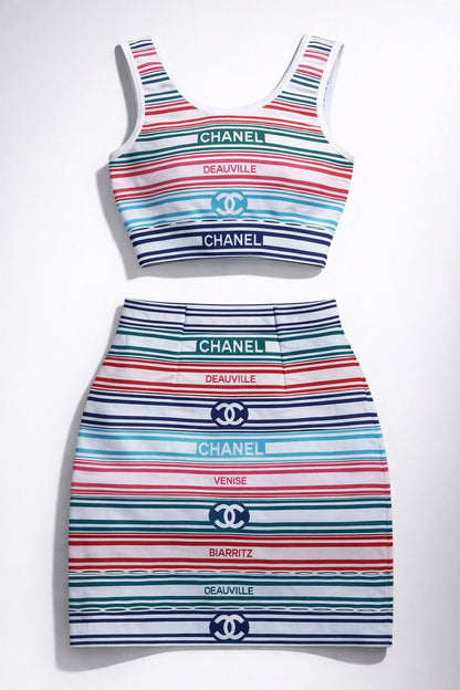 Chanel 19P Sand by the Sea Multicolor Stripe Crop Top Skirt Set FR 36