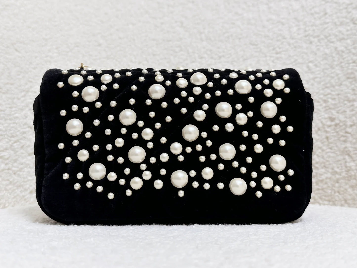 Chanel 2022 Mini Flap Bag in Black Velvet with Pearls and Gold Hardware